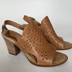Born Rosa US Size 8 Tan Laser Cut Leather Block Heel Sandals Boho Hippie Western